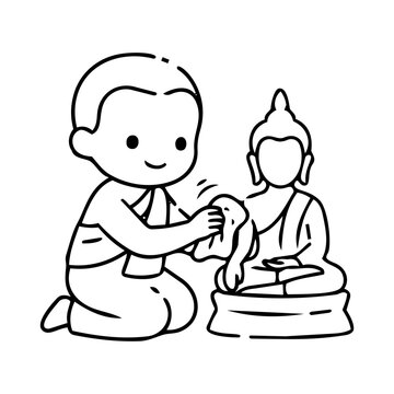 Young Monk Cleaning Buddha Statue in Serene Spiritual Setting