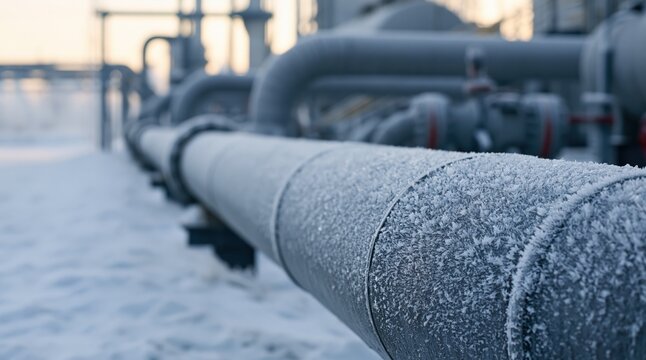 Frosted metal pipe in industrial facility during winter