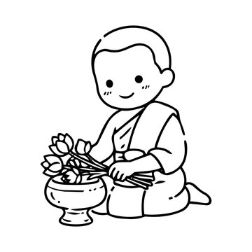 Young Monk Sitting with Flower Bouquet in Simple Monastic Setting