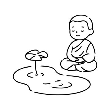 Serene Monk Meditating by Calm Water with Lotus Flower