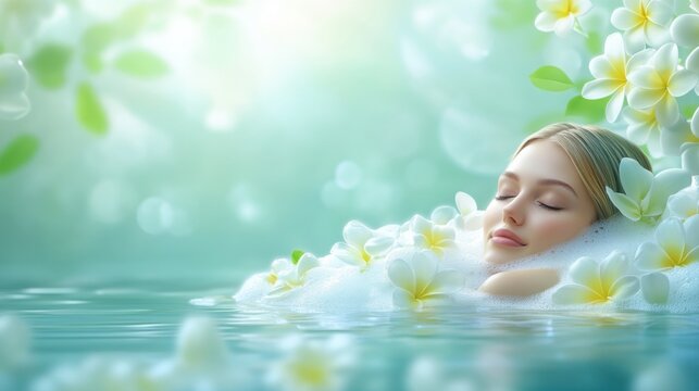A young woman enjoys a serene bubble bath amidst blooming flowers and gentle light in a tranquil setting