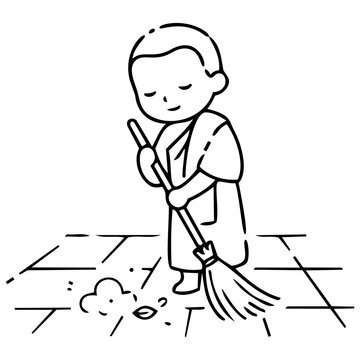 Young Monk Sweeping Floor in Serene Monastery Environment
