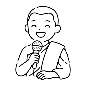 Smiling Monk Holding Microphone, Engaging in Speech or Presentation