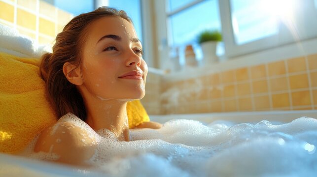 A woman enjoys a peaceful bubble bath in her sunny bathroom, surrounded by vibrant plants and a serene atmosphere