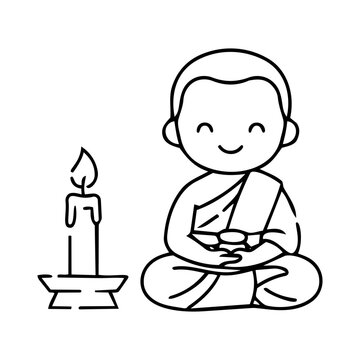 Cheerful Monk with Candle in Minimalist Style Outline Illustration