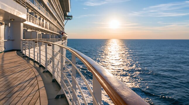 Side of cruise ship deck overlooking ocean during sunset