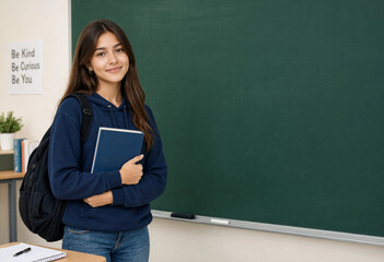 Obraz premium Young student smiles warmly beside green chalkboard