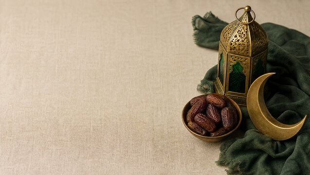 Ramadan brass lantern and dates with copy space