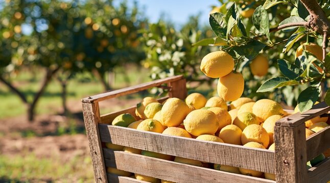 Fresh yellow lemons in wooden crate in lemon orchard under bright sunlight