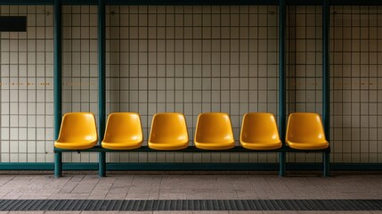 Obraz premium Empty row of six modern yellow plastic chairs against tiled wall at public transportation station platform with metal column supports