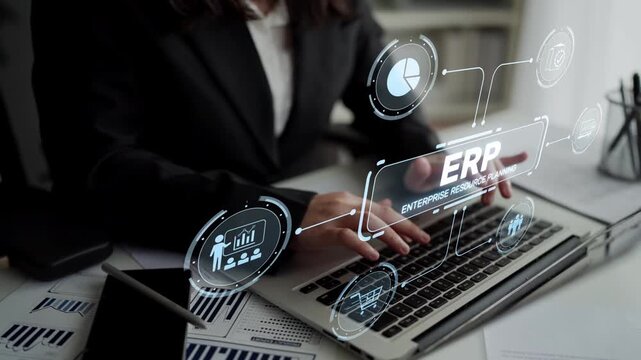 ERP platform visual showing centralized system for enterprise resource planning, improving integration, data flow, business efficiency, finance, inventory, and human resources. Muxer