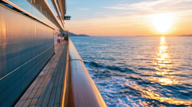 Wooden railing of cruise ship deck with sunset over ocean
