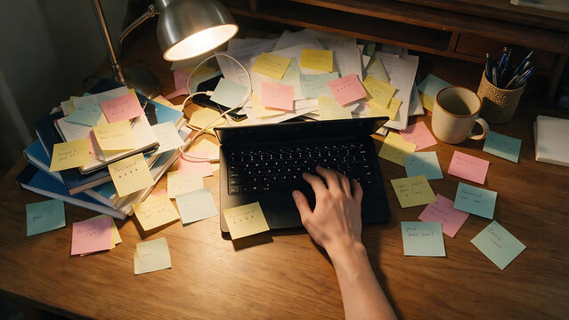 Person typing on a laptop at a desk covered in sticky notes under a desk lamp