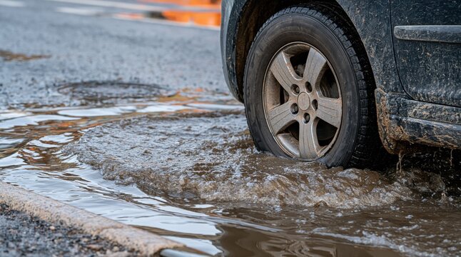 Car wheel driving through deep water puddle on road