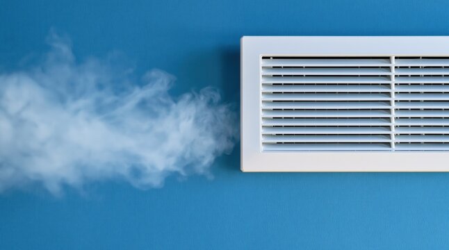 White air vent with smoke blowing out on blue wall