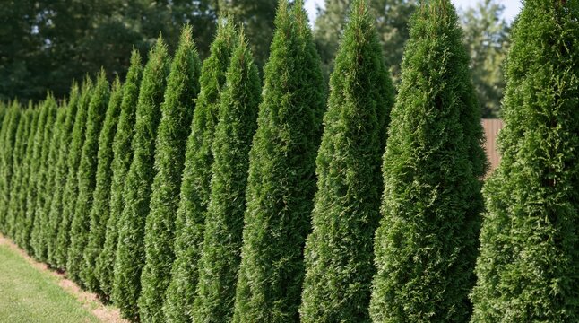 Row of tall green arborvitae trees forming privacy hedge in backyard