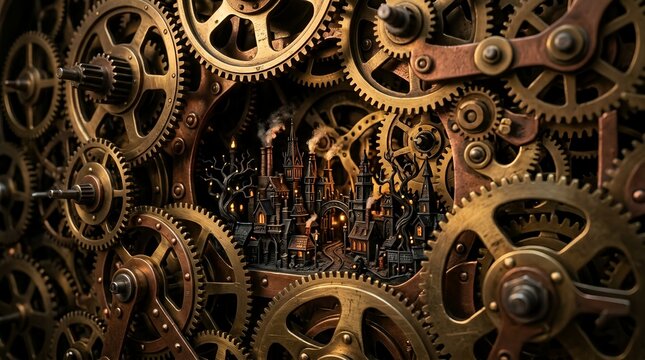Miniature steampunk Halloween town hidden within intricate brass gears mechanism