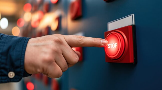 Hand pressing red stop button on control panel