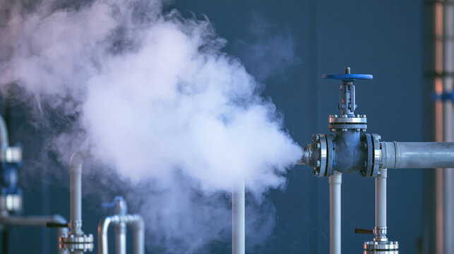 Industrial safety scene showing pressurized gas escaping from metal valve and pipeline inside plant with visible vapor release