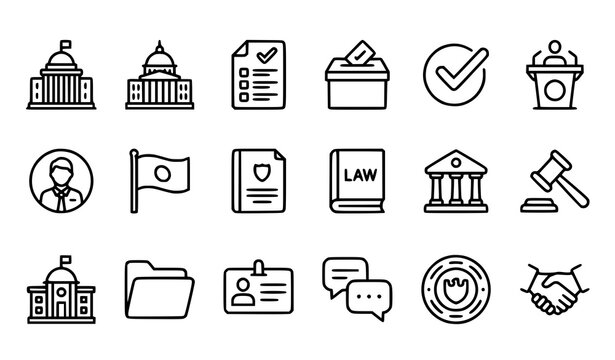 Politics and government line icon collection with voting law democracy parliament and civic symbols