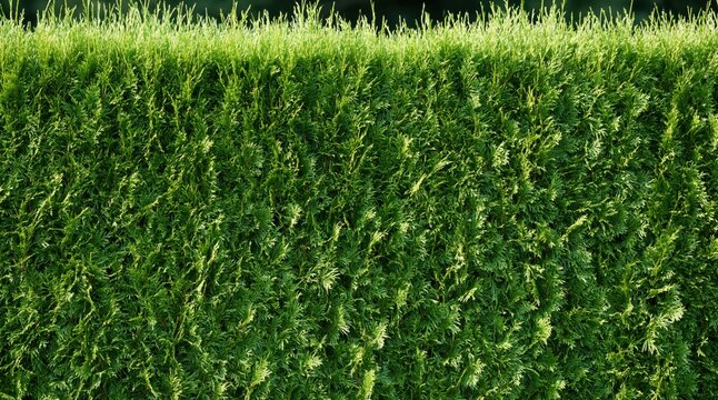 Green coniferous hedge wall in bright sunlight
