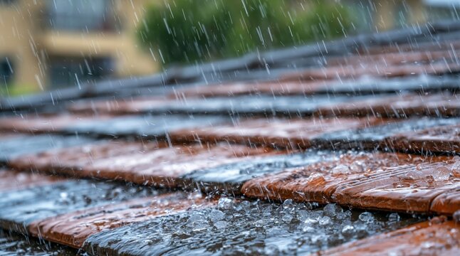 Close up of rain and hail falling on roof tiles