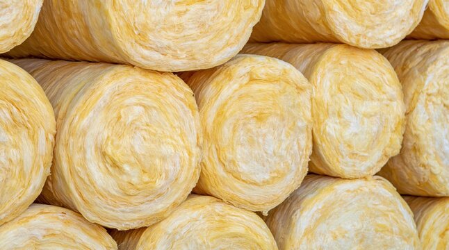 Yellow mineral wool insulation rolls stacked together