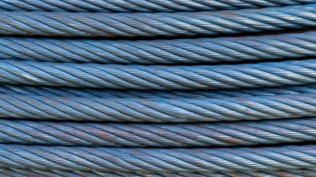 Close up view of blue metallic braided steel wire rope rows