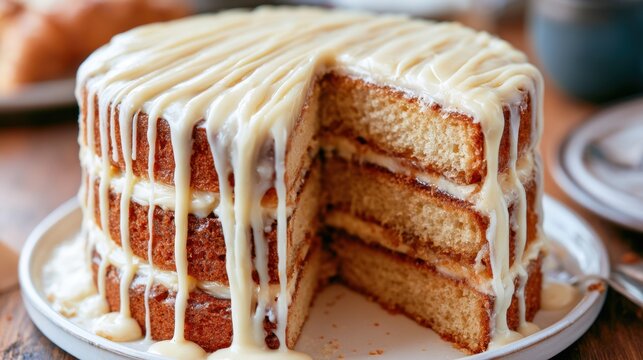 Moist layered vanilla cake with creamy white icing drip on wooden table with slice missing showcasing soft texture and filling