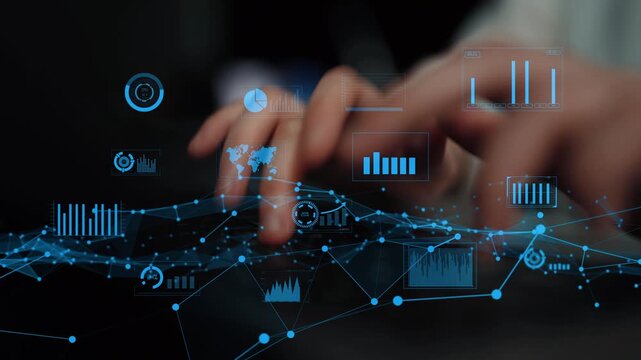A close-up view of hands interacting with a laptop, showcasing digital analytics and data graphs, highlighting the importance of data-driven decision making in business. Xenic