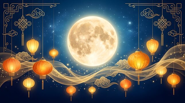 Full moon and glowing lanterns for mid autumn festival