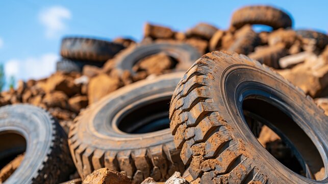 Used dirty tires covered in orange mud at scrapyard