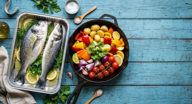 Raw sea bream fish and assorted fresh vegetables in skillet on blue rustic wooden background, preparing healthy Mediterranean meal with herbs and spices in top view flat lay composition.