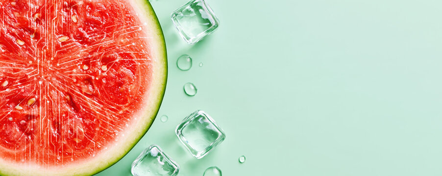 Watermelon slice with digital circuit pattern and ice cube on green background