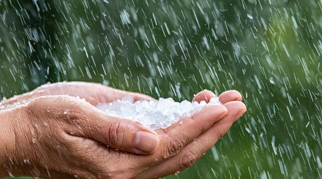 Hands catching hailstones in rain