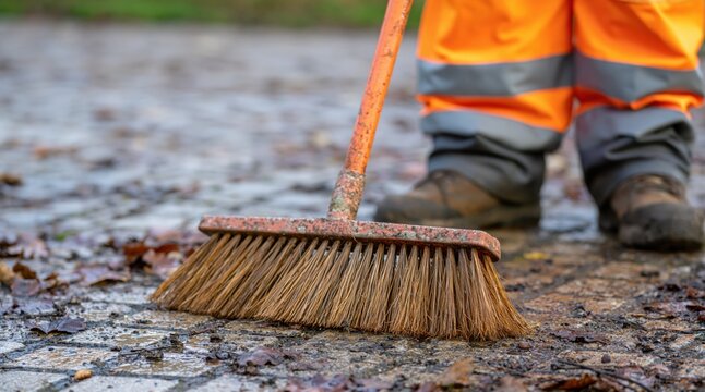 Worker in reflective orange trousers sweeping fallen leaves on pavement with broom