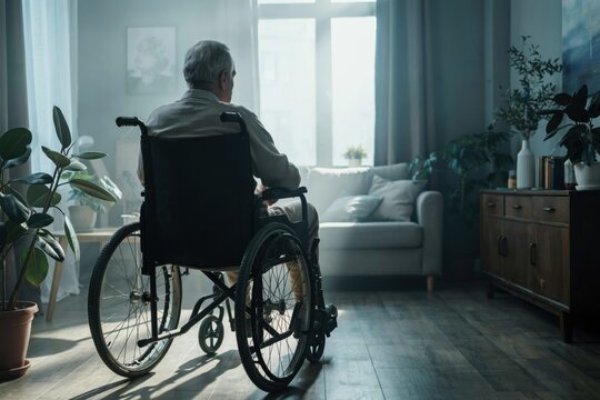 Elderly man sitting in a wheelchair looking out a bright window in a cozy living room