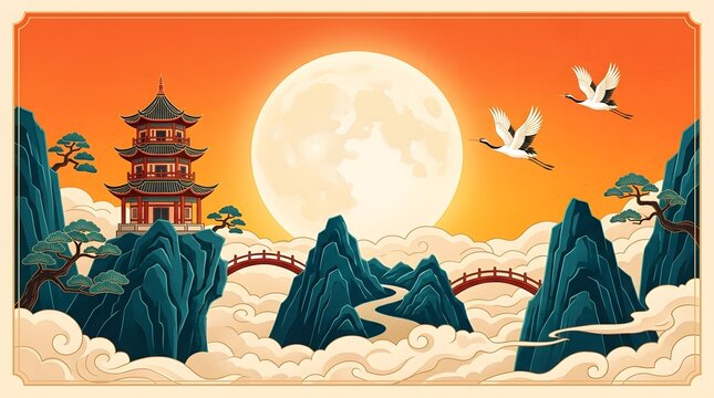 Asian pagoda temple with full moon and flying cranes
