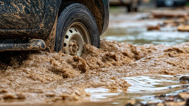 Muddy car wheel splashing through thick mud puddle during off-road driving