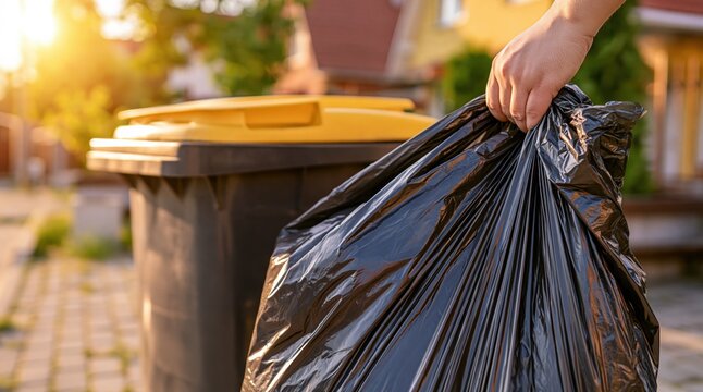 Person holding black garbage bag near trash bin outdoors