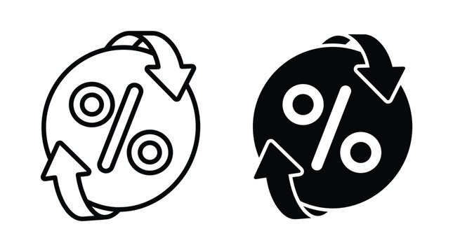 Percentage sign inside circle with rotating arrows linear and silhouette icons for financial interest rates exchange market analysis.