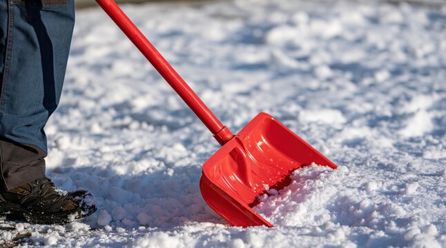 Close up of red shovel clearing snow on winter day