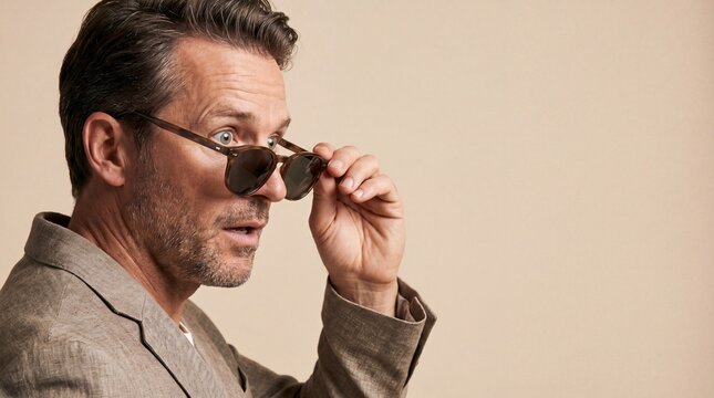 A sophisticated man with a casual yet elegant style, wearing sunglasses and a linen blazer, looks curiously to the side with a surprised expression, exuding an air of mystery and confidence.
