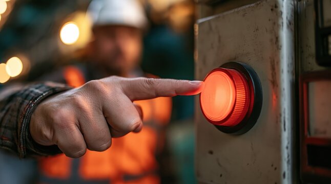 Worker hand pressing red emergency stop button on industrial control panel