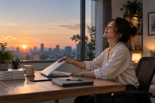 AI generated employee closing laptop at sunset to end the workday protect personal time showing work life balance healthy boundaries wellbeing calm