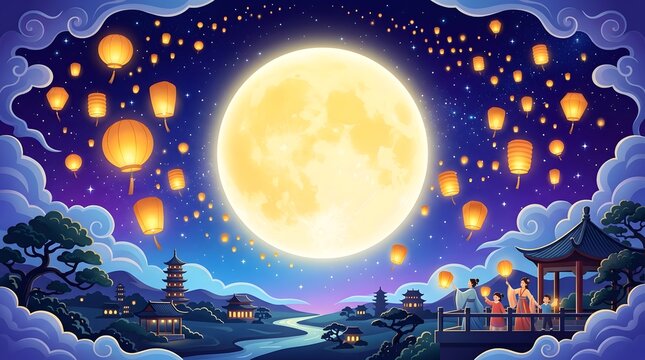 Full moon and glowing lanterns in chinese night landscape