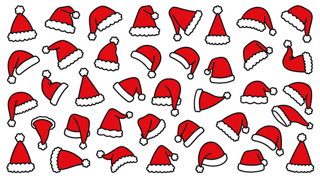 A festive pattern featuring many red santa claus hats scattered across a white background for merry christmas holiday designs