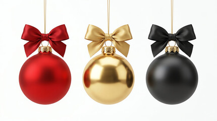Naklejka premium Three festive christmas baubles in red gold and black colors with elegant decorative bows hanging against a white background