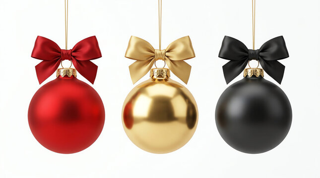 Three festive christmas baubles in red gold and black colors with elegant decorative bows hanging against a white background