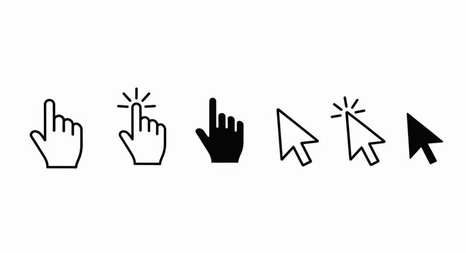 Minimalist vector cursor icons set featuring various arrow pointers, hand clickers, loading spinners, and text selection tools for UI design on a clean white background EPS file.